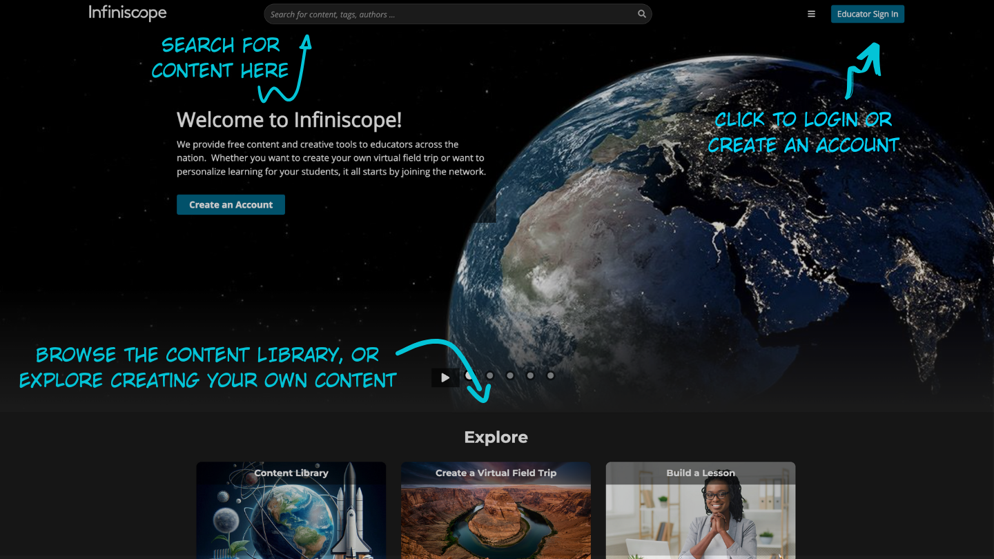 HOMEPAGE: Arrow pointing to search bar. Arrow pointing to profile icon. Arrow pointing to lessons further down the page.